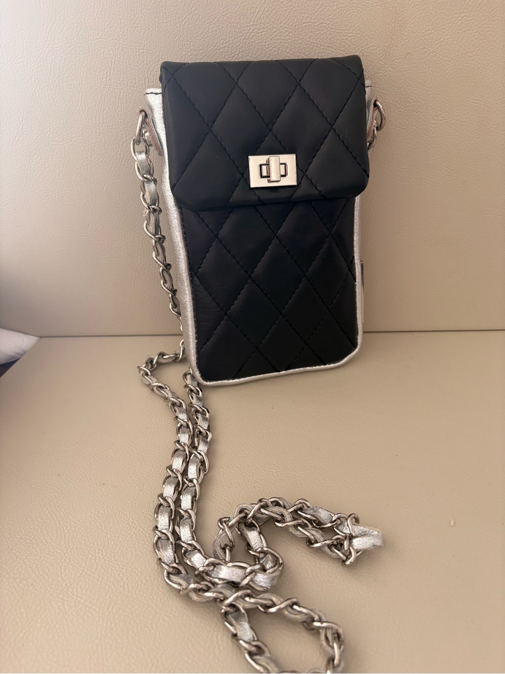 Ron White Black Quilted Leather Phone Crossbody Bag